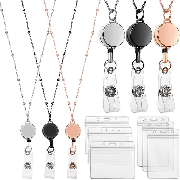 Retractable Badge Reel Lanyard with ID Holder, 3 Pieces Beaded Badge Lanyard  Necklace with 6 Waterproof Name Card Holder Stainless Steel ID Holder  Necklace for Women Men (Rose Gold, Black, Silver) 