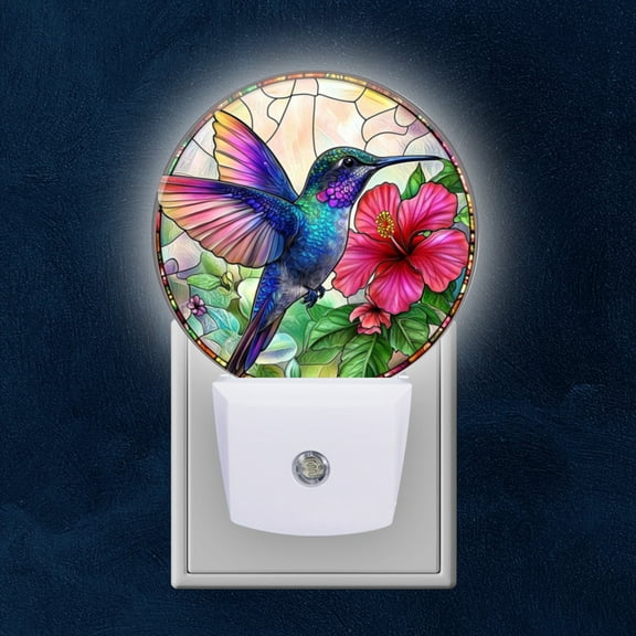 Round LED Night Lights Lamp with Dusk to Dawn Sensor, Hummingbird And Flower Night Light Plug Into Wall for Kids Room, Bedroom, Bathroom, Kitchen, Hallway