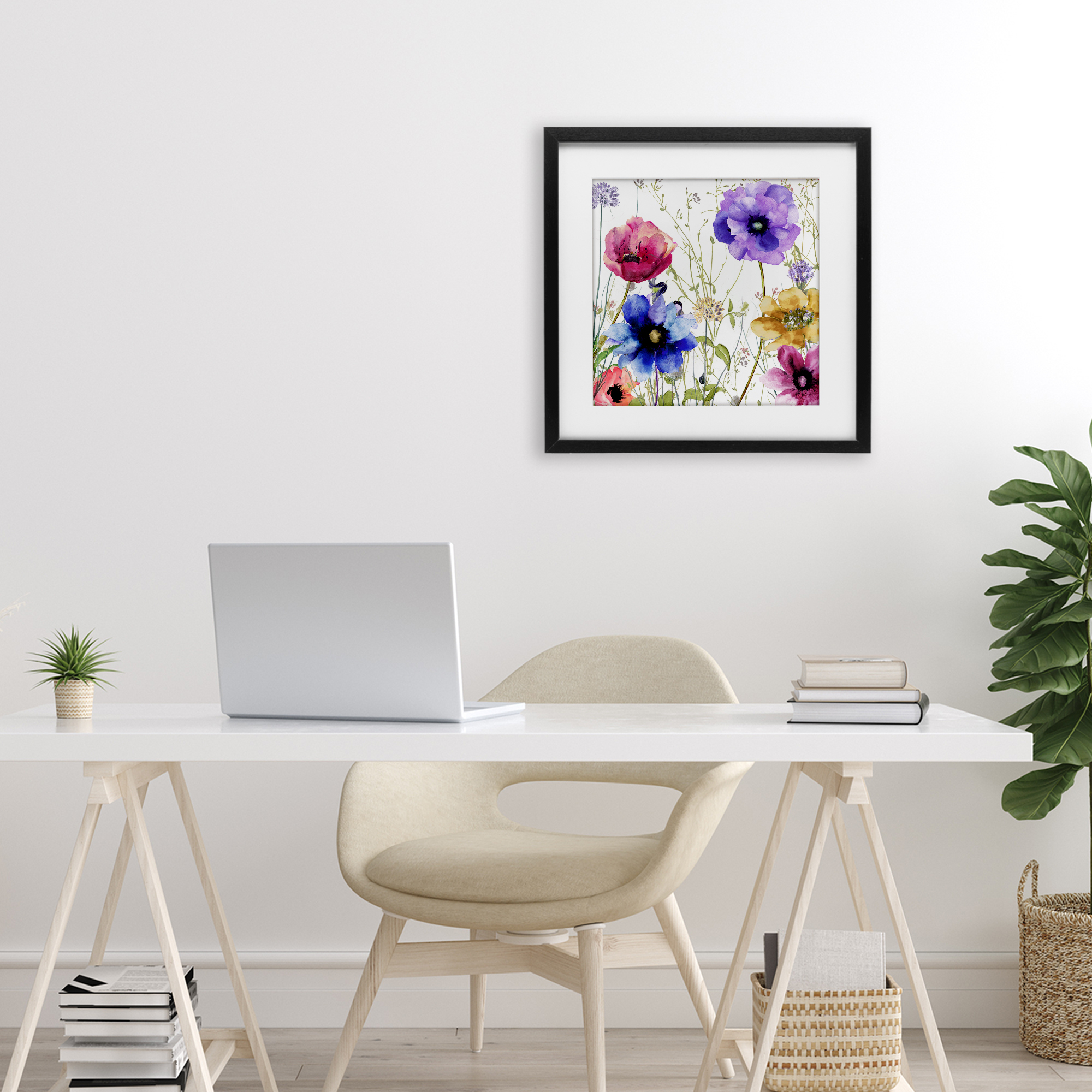 Modern Spring Garden Flowers Black Framed Print Under Glass, design by Sasha