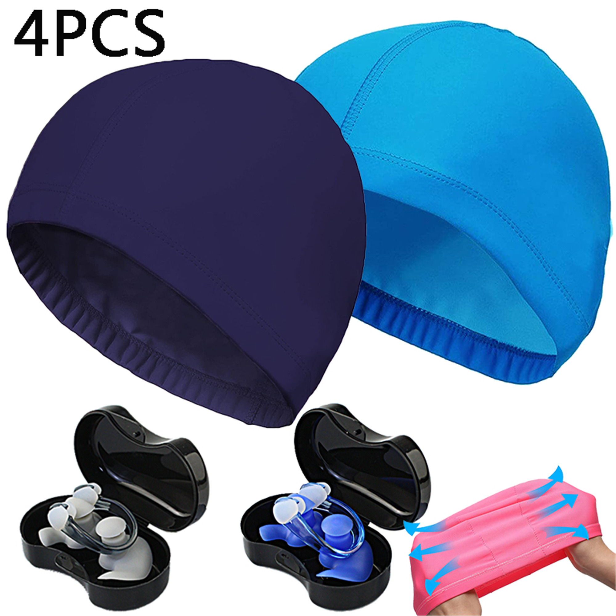 Elbourn 4PCS Kids Swim Caps Ear Plugs Nose Clip, Elastic Fabric