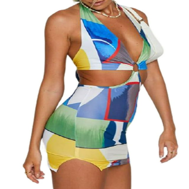 Female Geometric Pattern Print V-Neck Sleeveless One-Piece Halterneck Sundress for Women