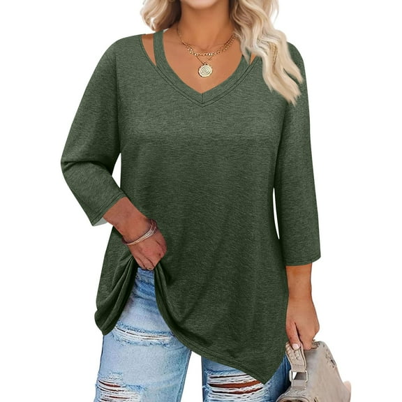 WTOBBY Women's Plus Size Solid Color Tunic Hollow V-Neck 3/4 Sleeve Shirt Casual Elegant Top with Flattering Loose Fit,Army Green L