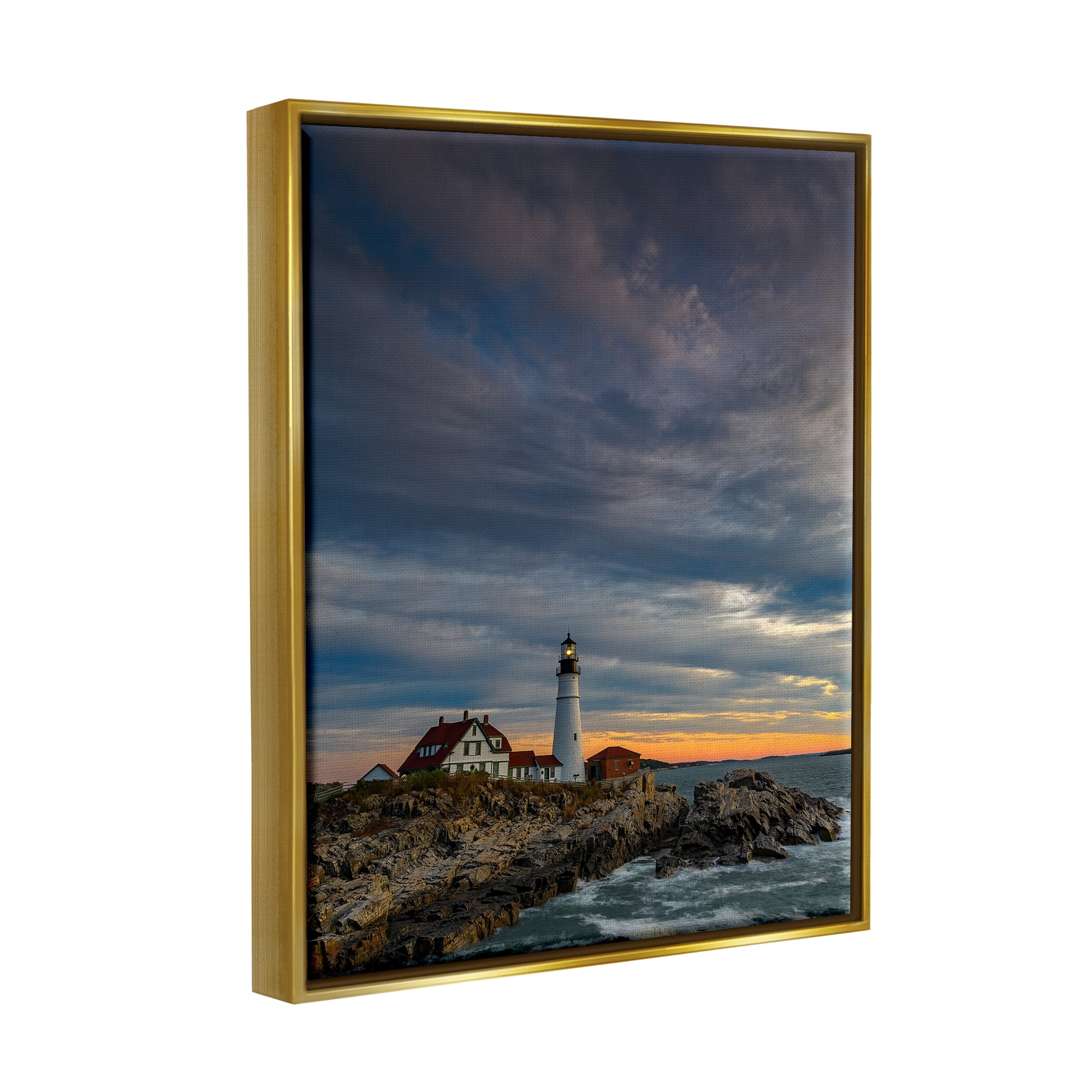 Stupell Seaside Lighthouse Beacon Coast Landscape Photography Gold Floater Framed Art Print Wall Art
