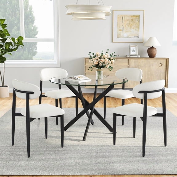 5-Piece Round Glass Dining Table Set, 36" Modern Tempered Glass Kitchen Table with 4 Upholstered Chairs for Small Dining Spaces