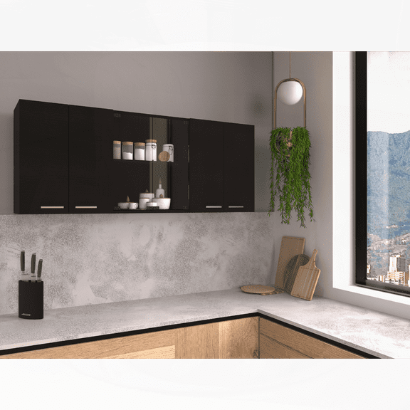 24"H Modern Wall Mounted Storage Cabinet with 4 Doors (2 Glass) & Adjustable Shelves - Black for Kitchen Pantry