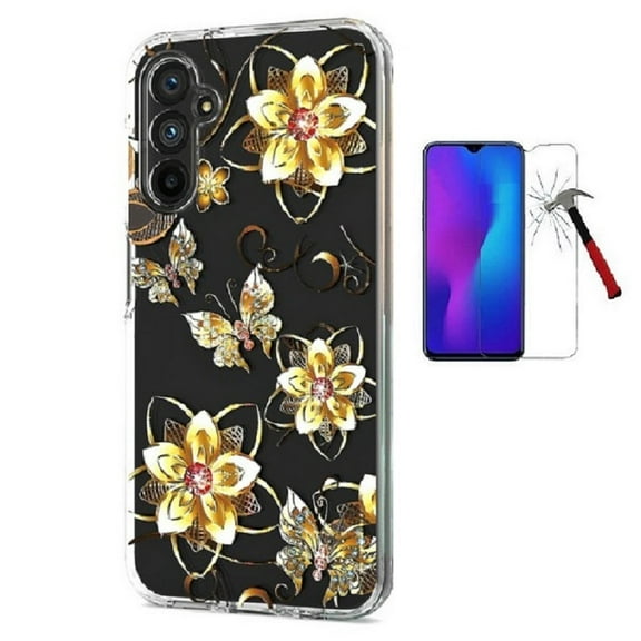 For Samsung Galaxy A14 5G Case, Butterfly Design Transparent Hybrid Case Cover   Tempered Glass (Gold)