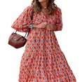 thumbnail image 4 of Robe Longue Bohème à Imprimé Géométrique pour Femmes, Col en V, Manches Longues Bouffantes, Robe Ample à Volants pour l'Été, Orange m, 4 of 8