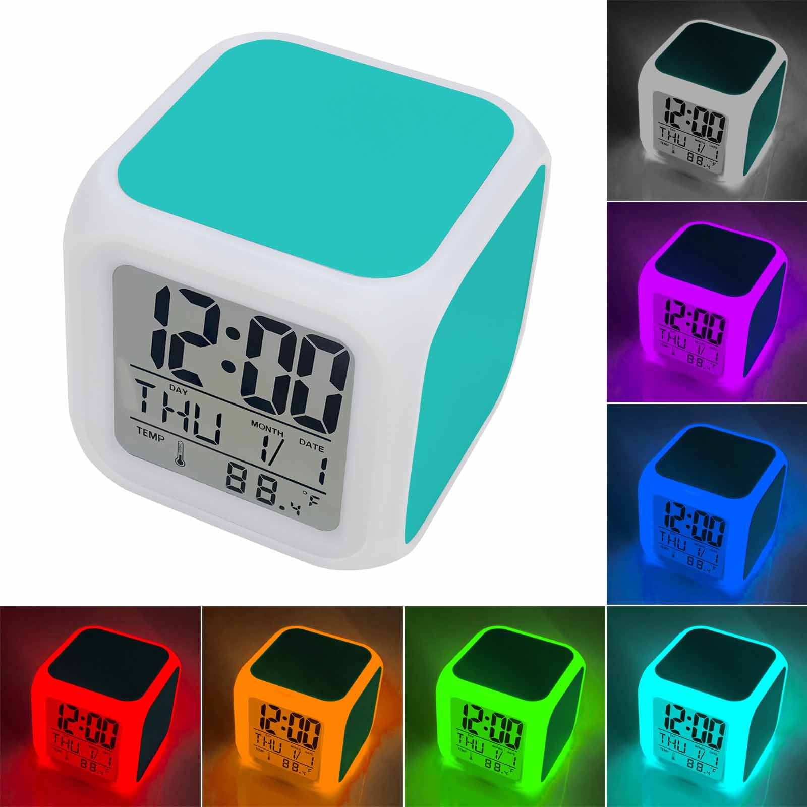 Turquoise Digital Alarm Clock for Bedrooms, Smart LED Alarm Clock with 7 Color Changing Night Light, Modern Pure Turquoise Silent Wake Up Clocks for Sleep Study Cooking 3.2"x3.2"
