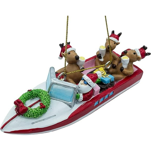 Speed Boat Santa and Reindeer Lake Party Boat Christmas Ornament