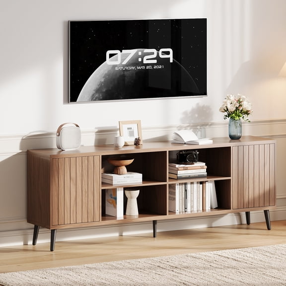 Mid-Century Modern TV Stand for 75 Inch TVs – Walnut Fluted Media Console, Adjustable Shelves, Open Storage, Cable Management, Entertainment Center Cabinet, Walnut