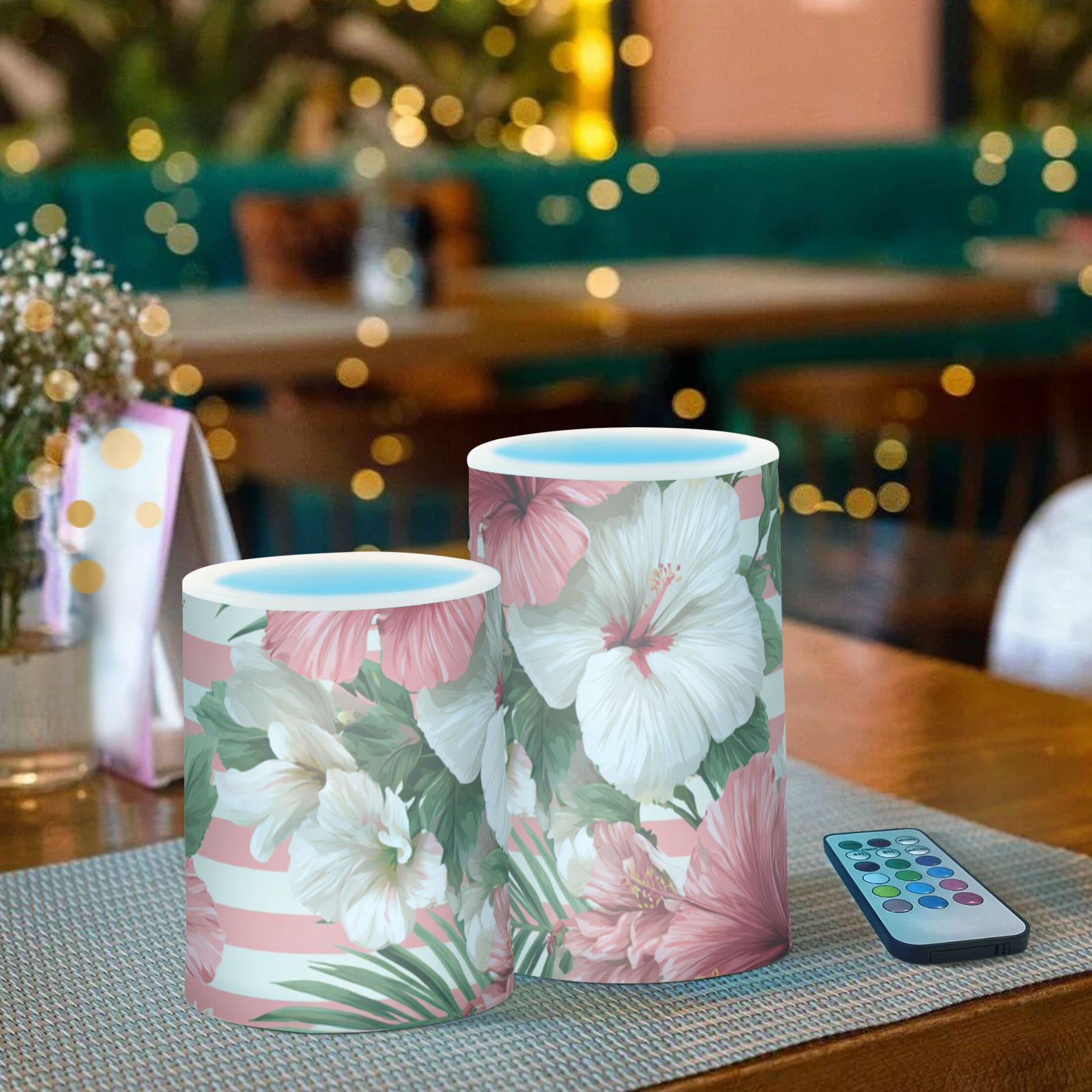 Pink Stripes Hawaiian Flowers Flickering Flameless Candles LED Tealight Battery Operated with Remote Set of 2 Holiday Decor Ornaments