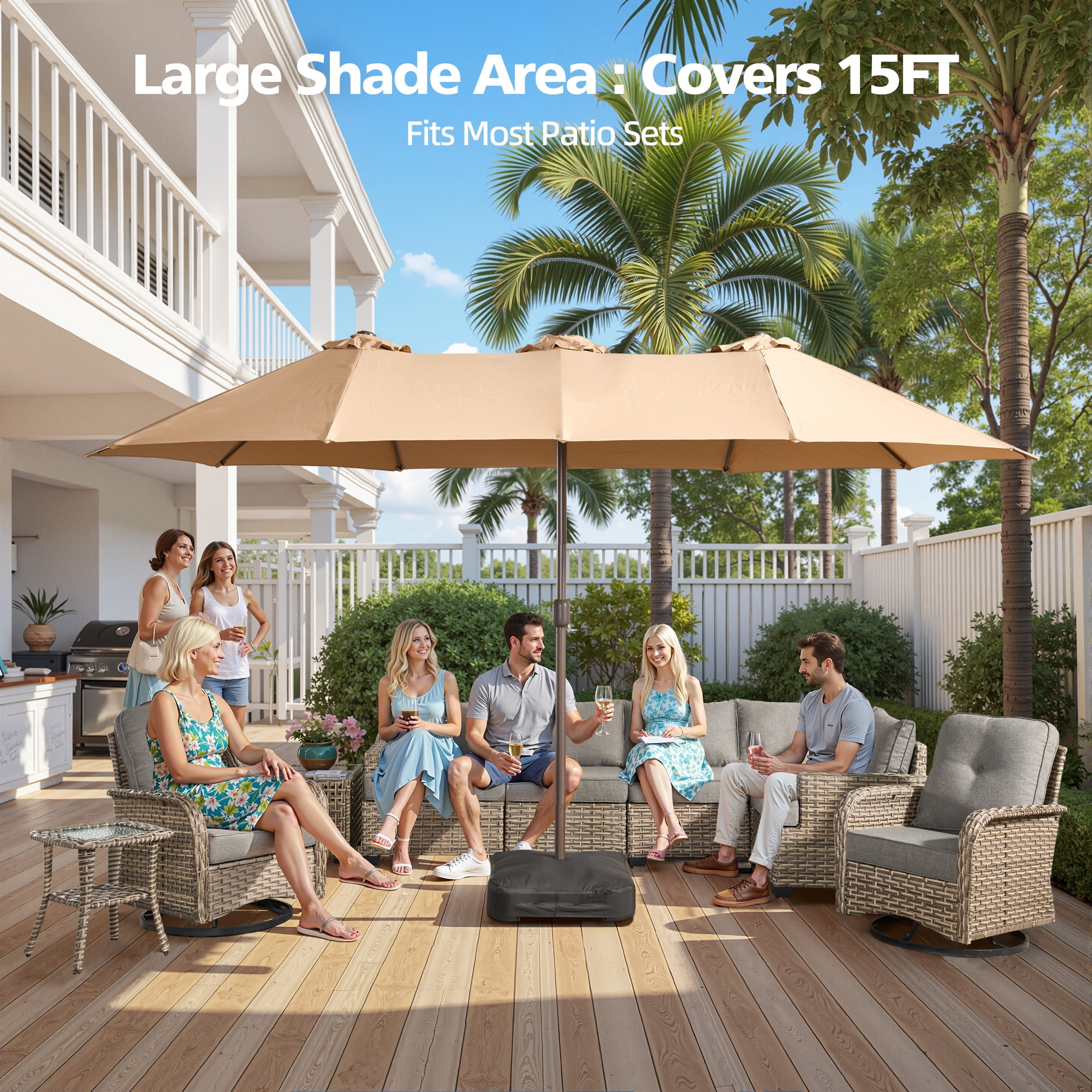 Toject 15ft Large Patio Umbrellas, Double-Sided Outdoor Market Rectangle Umbrellas, Extra Pool Umbrellas for Deck, Backyard, Outside (Tan, Base Included)
