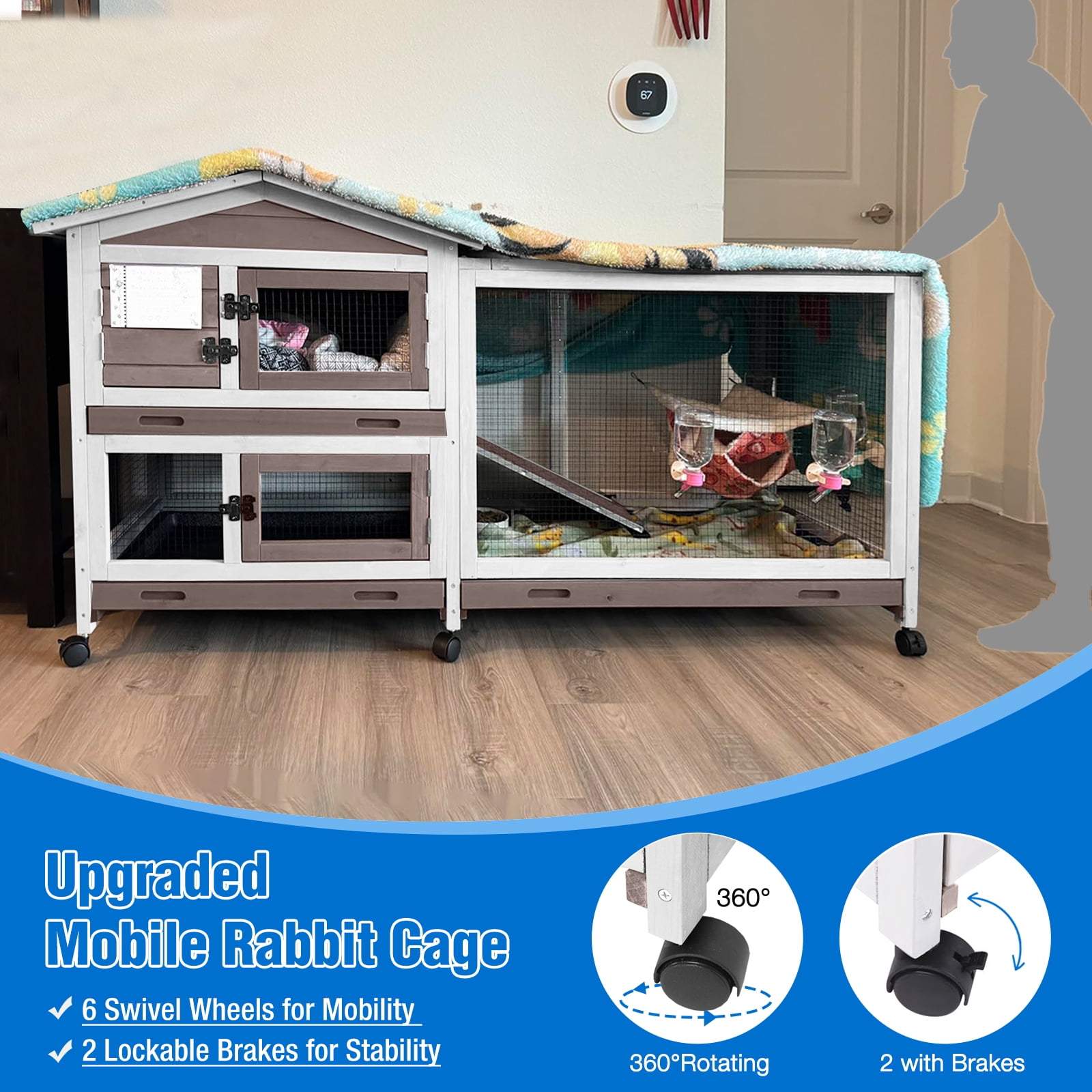Suumerpety Rabbit Hutch on Wheels Indoor Rabbit Cage Outdoor Bunny Hutch with 3 Plastic Trays & Anti-Chew Ramp Metal Frame Guinea Pig Cage Brown