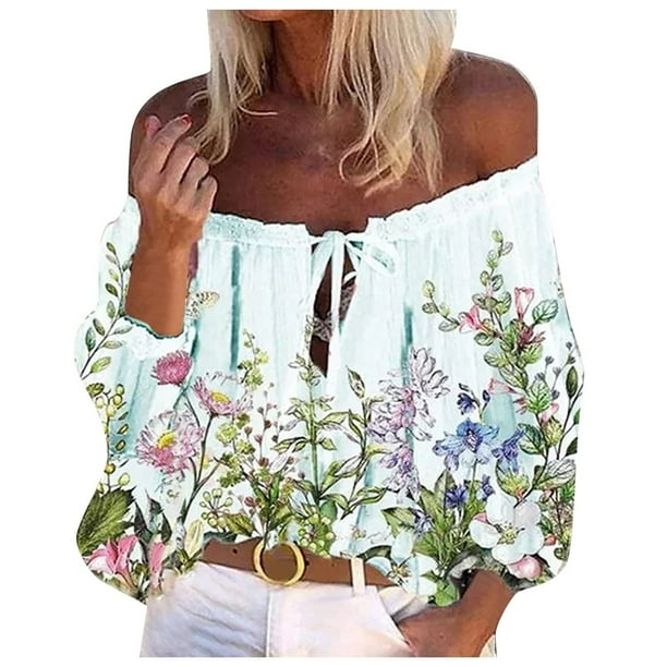 Blusa floral con volantes para mujer, de gran tamaño, sexy, con hombros descubiertos, farol, tops fluidos Fridja hj609