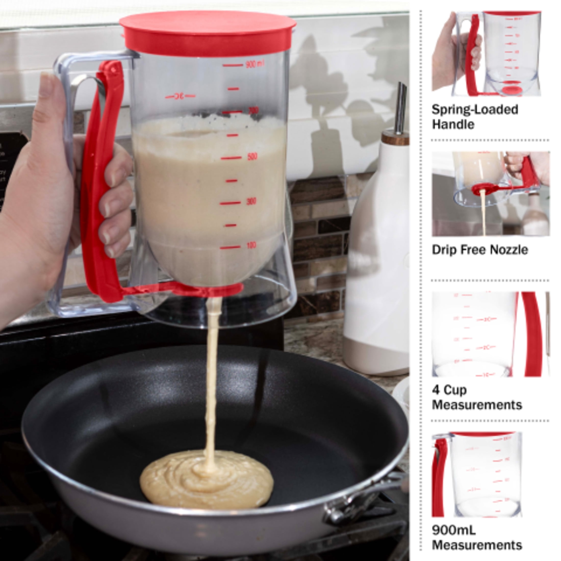 Chef Buddy 4-Cup Pancake Batter Dispenser with Squeeze Handle (Red)