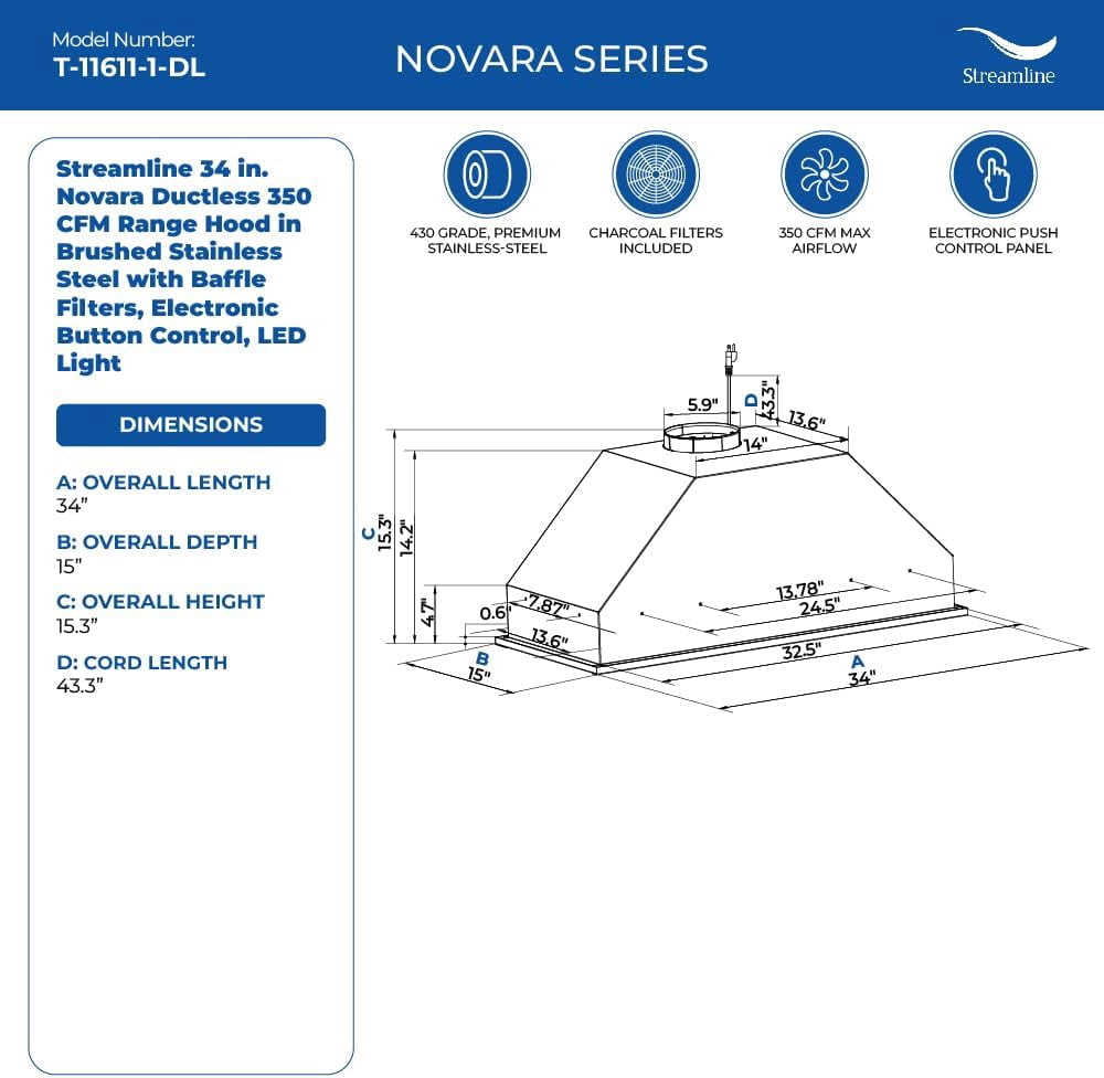 Streamline 34 in. Novara Ductless 350 CFM Range Hood in Brushed Stainless Steel with Baffle Filters, Electronic Button Control, LED Light