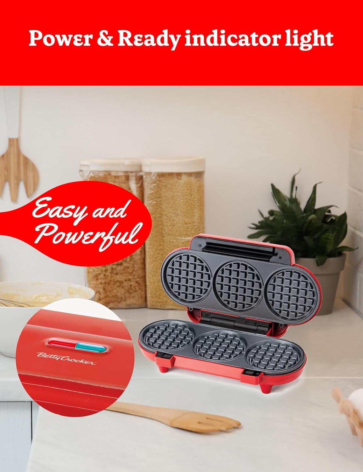 Betty Crocker Mini Waffle Maker, 550W Compact Kitchen Appliance, Quick & Even Heat for Home and Kitchen, Makes 4.5" Waffle, 4.9" Non-Stick Plates, Recipes Included, BC-4888R, Red