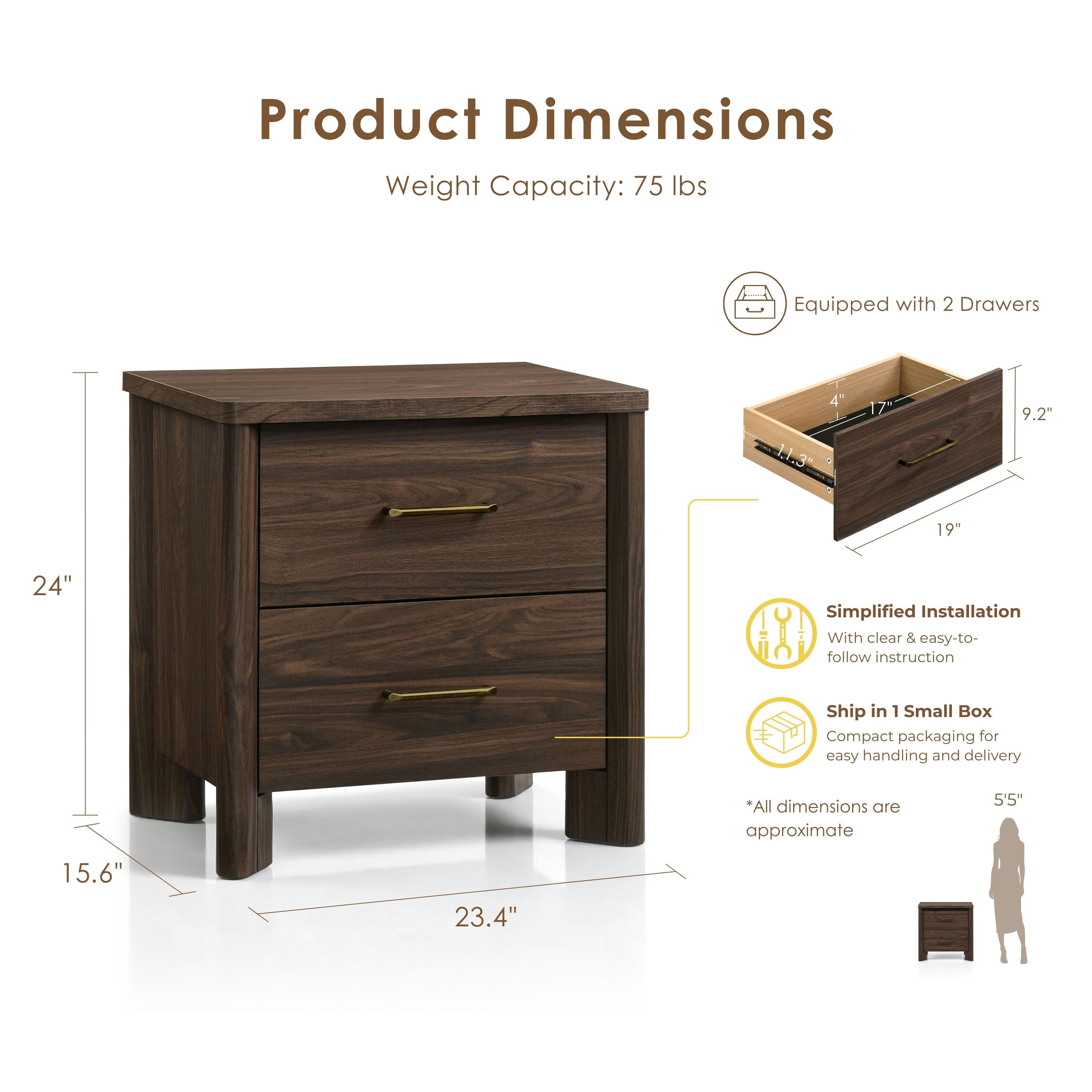 Furniture of America Gracie Modern Wood 2-Drawer Kids Nightstand with USB Ports, Walnut