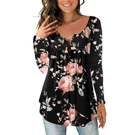 Women's Paisley Printed Top Long Sleeve V Neck Pleated Casual Flare Tunic Loose Blouse Shirt