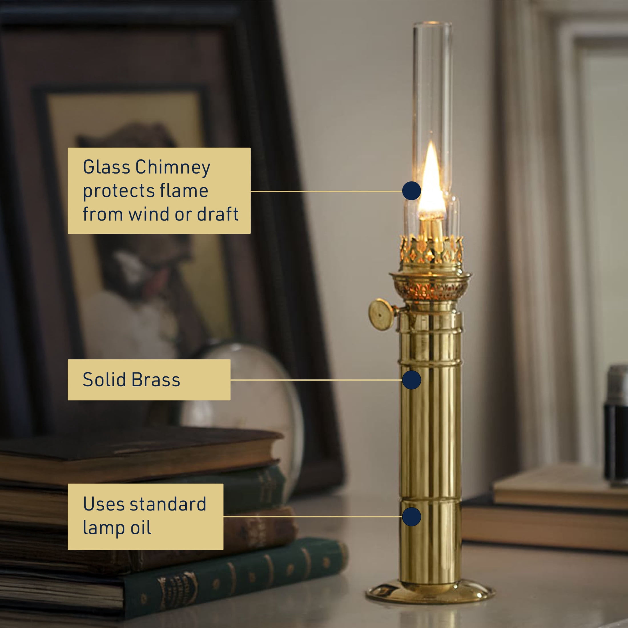 Kings County Tools 16” Tall Column Brass Oil Lamp for Indoor or Outdoor Use