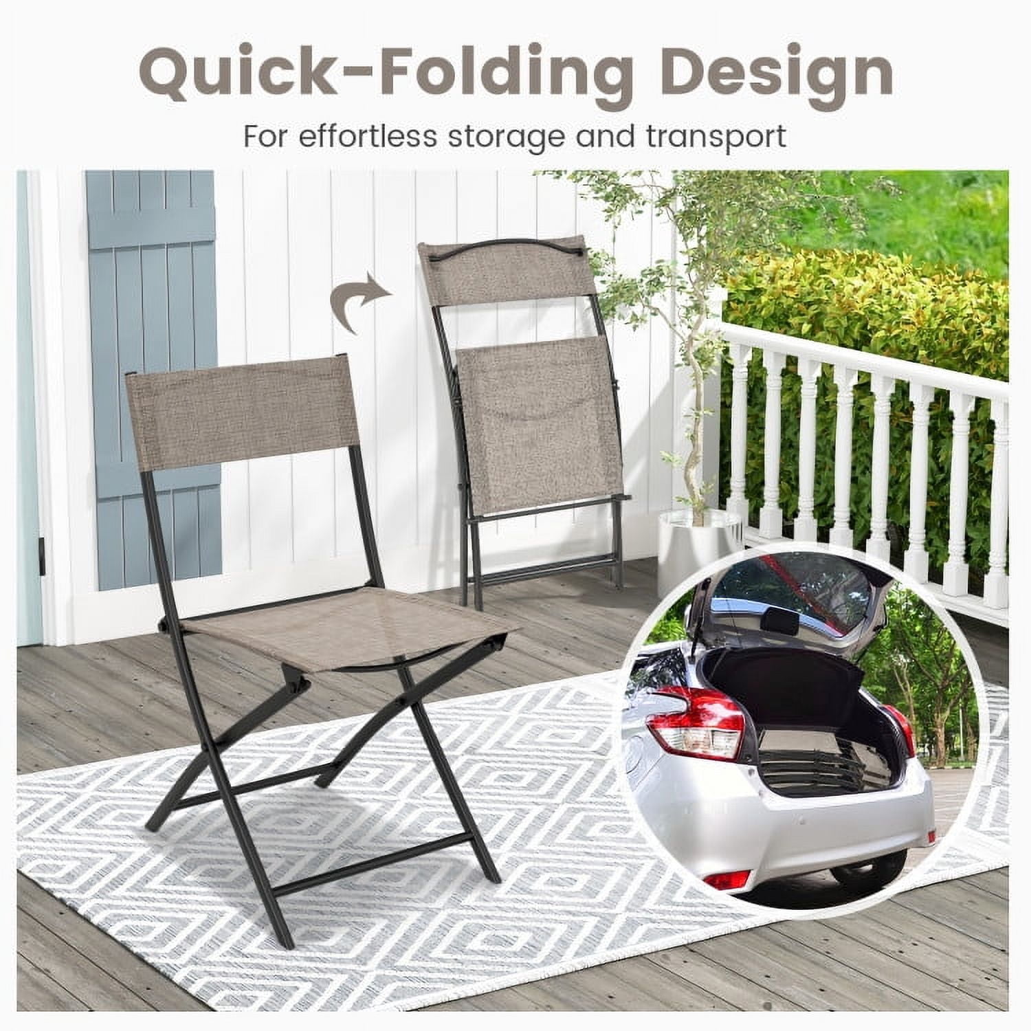 GVN Patio Folding Chairs Set of 4 Lightweight Camping Chairs with Breathable Seat-Brown, Outdoor Furniture Chairs for Backyard, Porch, Garden, Poolside