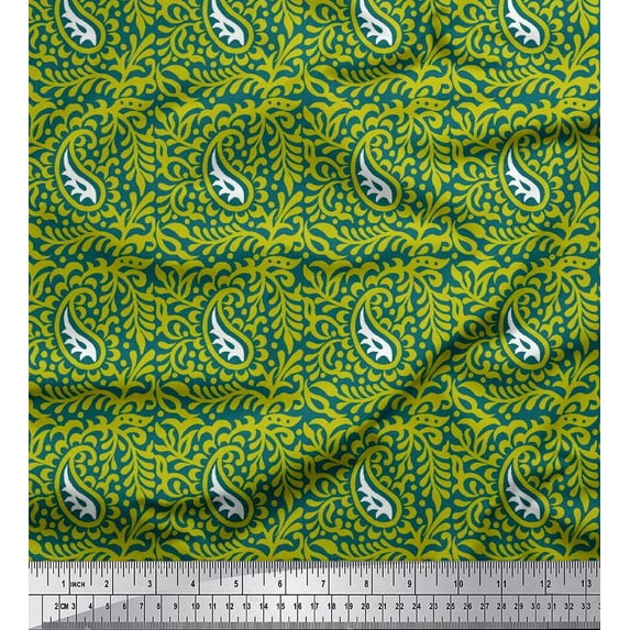 Soimoi Cotton Voile Fabric Leaves & Paisley Block Printed Fabric 1 Yard 56 Inch Wide