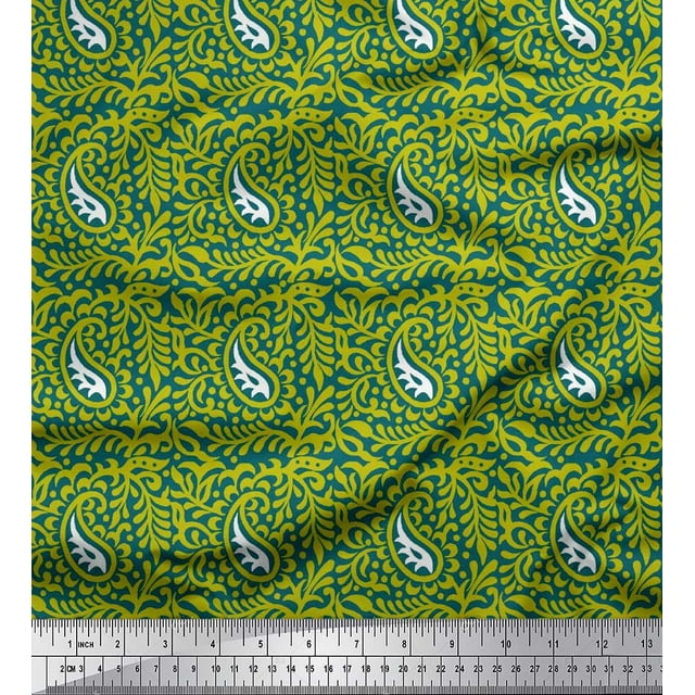 Soimoi Satin Silk Fabric Leaves & Paisley Block Printed Fabric 1 Yard 42 Inch Wide