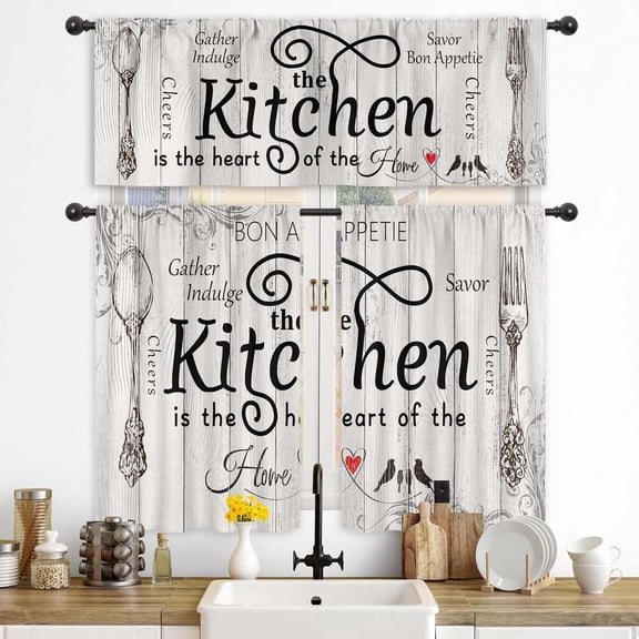 3 Piece Kitchen Curtain Set with Valance, Farmhouse Black and White Window Curtains with Rod Pocket, Rustic Tier Curtains for Kitchen, Dining Room, Bedroom & Living Room Decor
