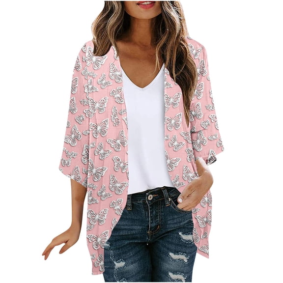 LEAVINGSUO Cardigans for Women Summer Chiffon Beach Coverups Casual Unisex Print Sunscreen 3/4 Sleeve Cardigan Top Pink S