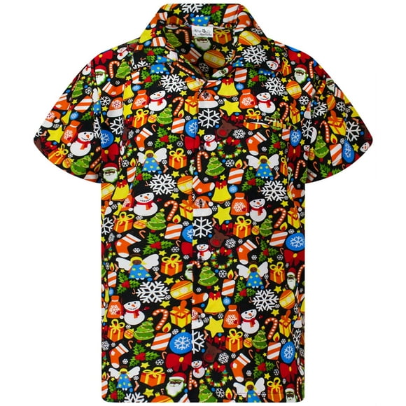 KING KAMEHA Chemises à Manches Courtes pour Hommes Noël Père Noël Fête Bureau, Noël-Allover, Noir, TG
