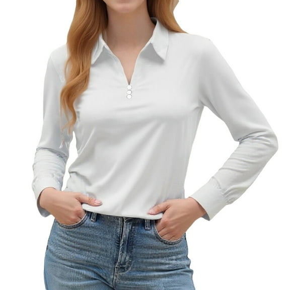 Womens Work Shirts Long Sleeve Tops V Neck Casual Polos Fall Clothes for Women Tees Blouses White XL