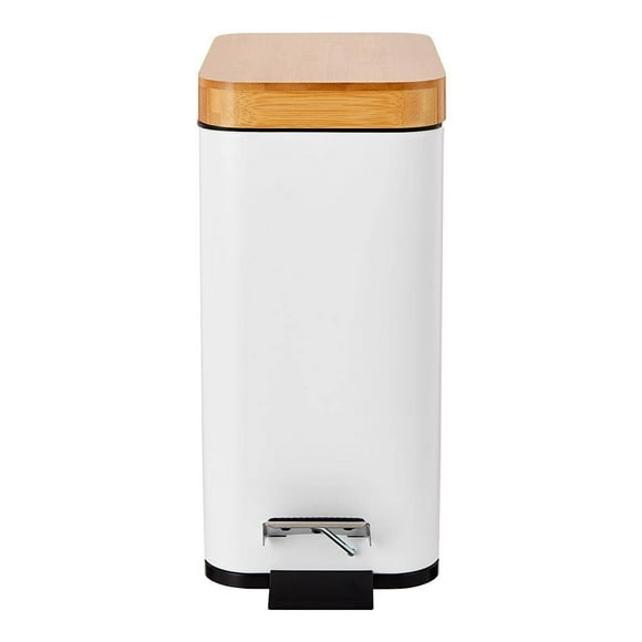 Bote de Basura Mainstays Metal con Tapa de Bambú  Rectangular con Pedal 5 Litros Blanco