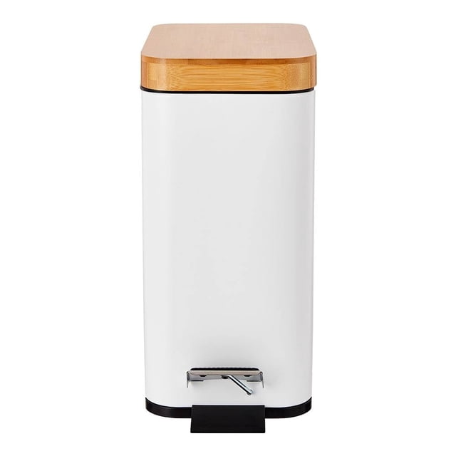 Bote de Basura Mainstays Metal con Tapa de Bambú Rectangular con Pedal 5 Litros Blanco