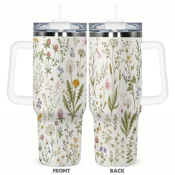 40oz Vintage Wildflower Tumbler with Handle and Straw Stainless Steel Insulated Car Cup Travel Coffee Cup Gift for Women