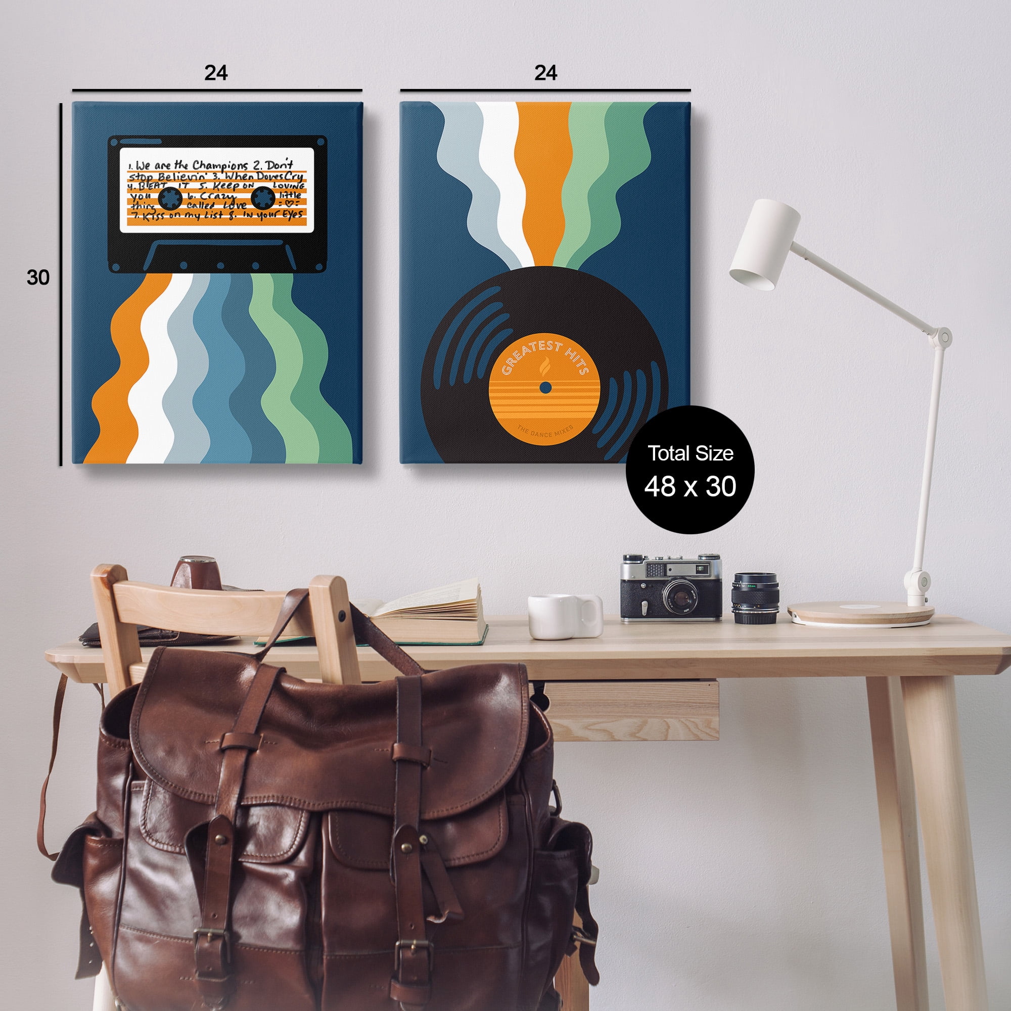 Stupell Industries Retro Music with Stripes Abstract Painting Gallery Wrapped Canvas Art Print Wall Art, 24 x 30, Set of 2