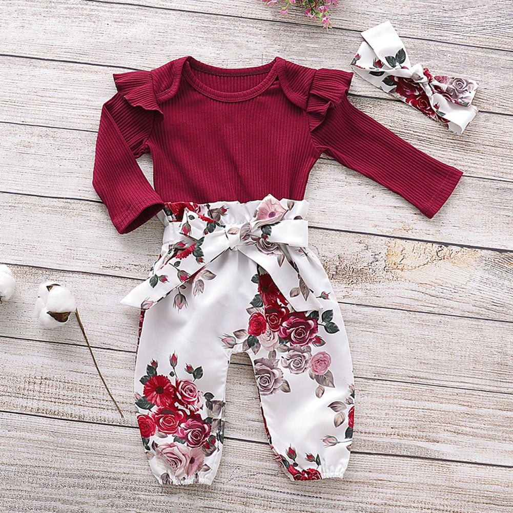 0-24 Months Newest Infant Baby Girls Ruched Romper Jumpsuit Floral Print Pants Headband Outfits Set