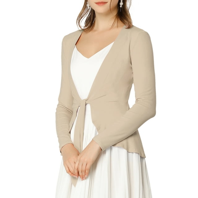 Allegra K Juniors Tie Open Front Long Sleeve Knit Metallic Ruffled Crop Cardigan
