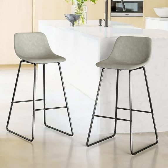 LUE BONA Alexander Indoor/Outdoor Industrial Faux Leather Bar Stools Set of 2,Urban Armless Dining Chairs with Metal Legs, Modern Counter Height Barstools for High Table Kitchen Island Chair 30",Grey