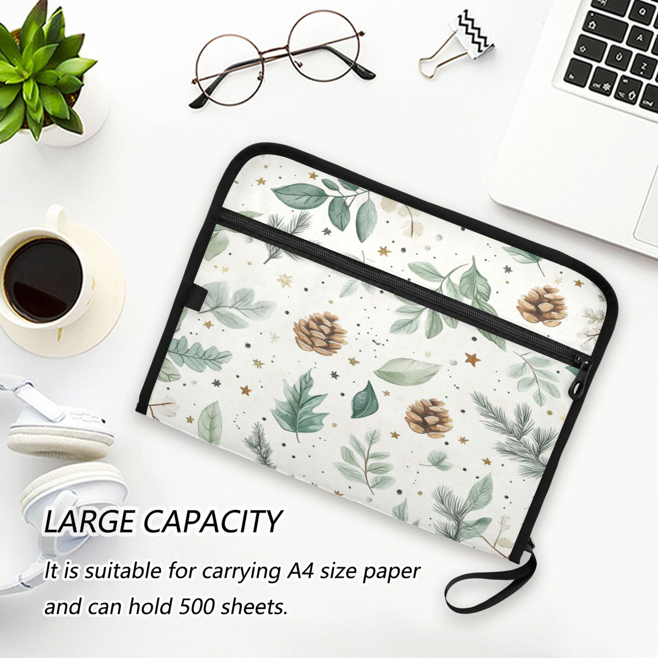 Accordion File Organizer with Zip Closure 13 Pockets Expanding File Folder Letter A4 Paper Document Organizer for Home Office Green Leaves and Pine Cones