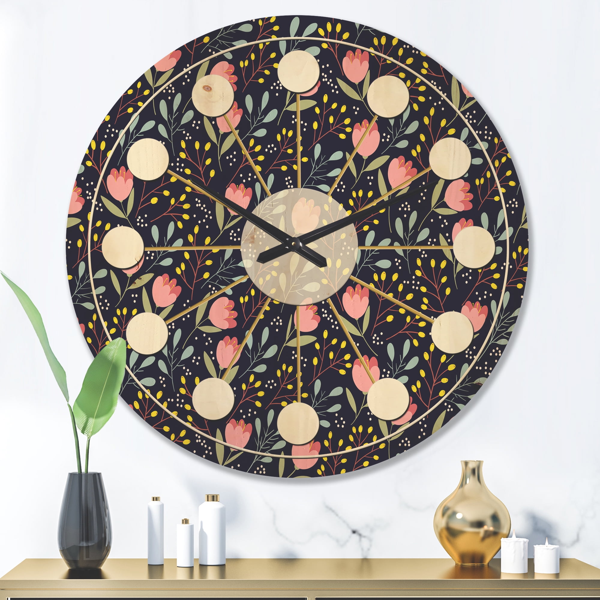 Designart 'Pink Flowers With Leaves' Mid-Century Modern Wood Wall Clock
