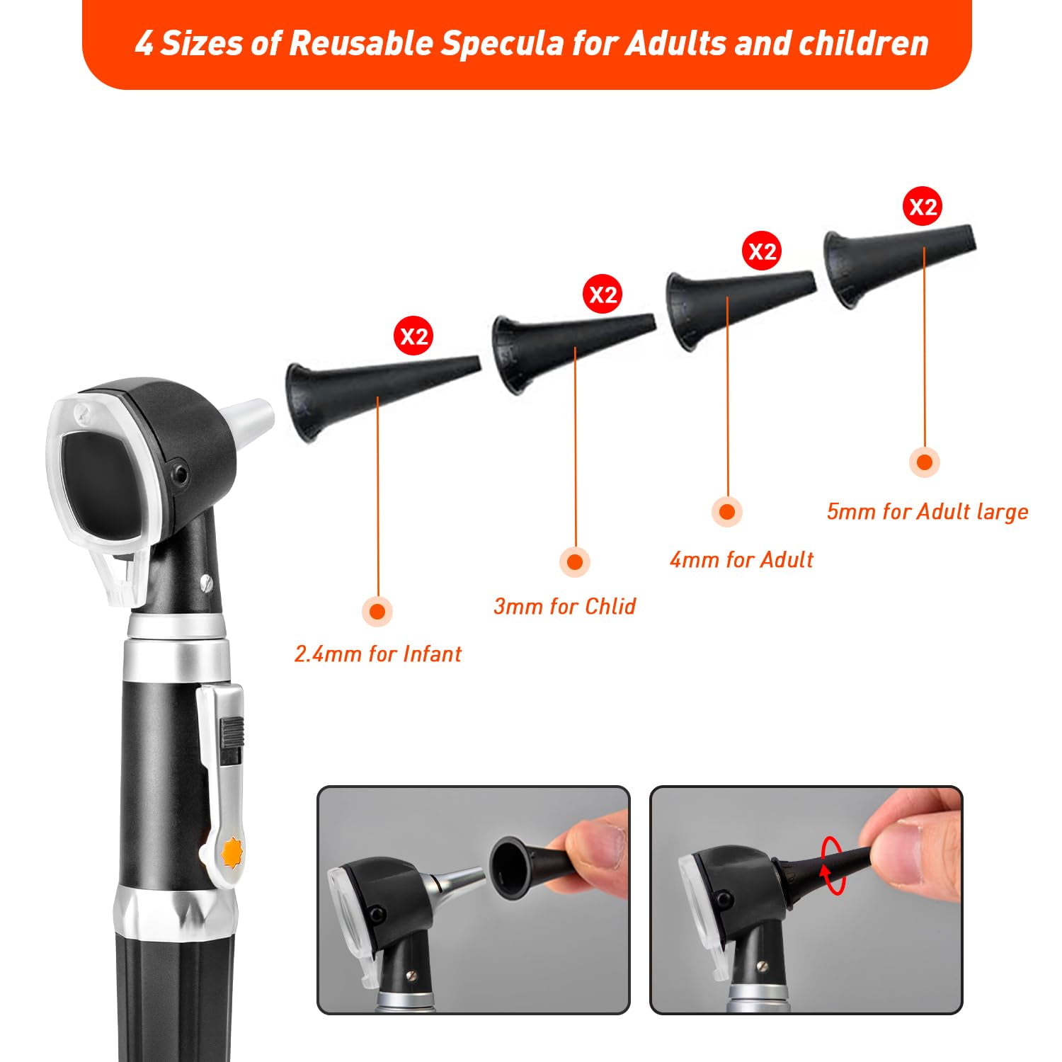Scian Otoscope - Ear Scope with Light, Fiber Optic Otoscopes with Hard Plastic Case, Pocket Ear Infection Detector for Nurses, Kids, Elders, Home Use (Black)