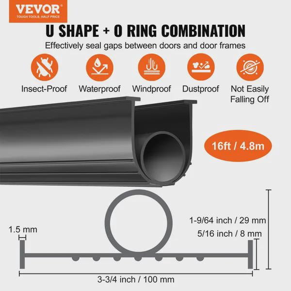 BENGPAOBA-Universal Garage Door Seal – U-Shaped Rubber Weather Stripping with O-Ring, 5/16" T-Ends, 3 3/4" Width, 16 Ft Black Threshold Buffer for Weatherproofing and Insulation