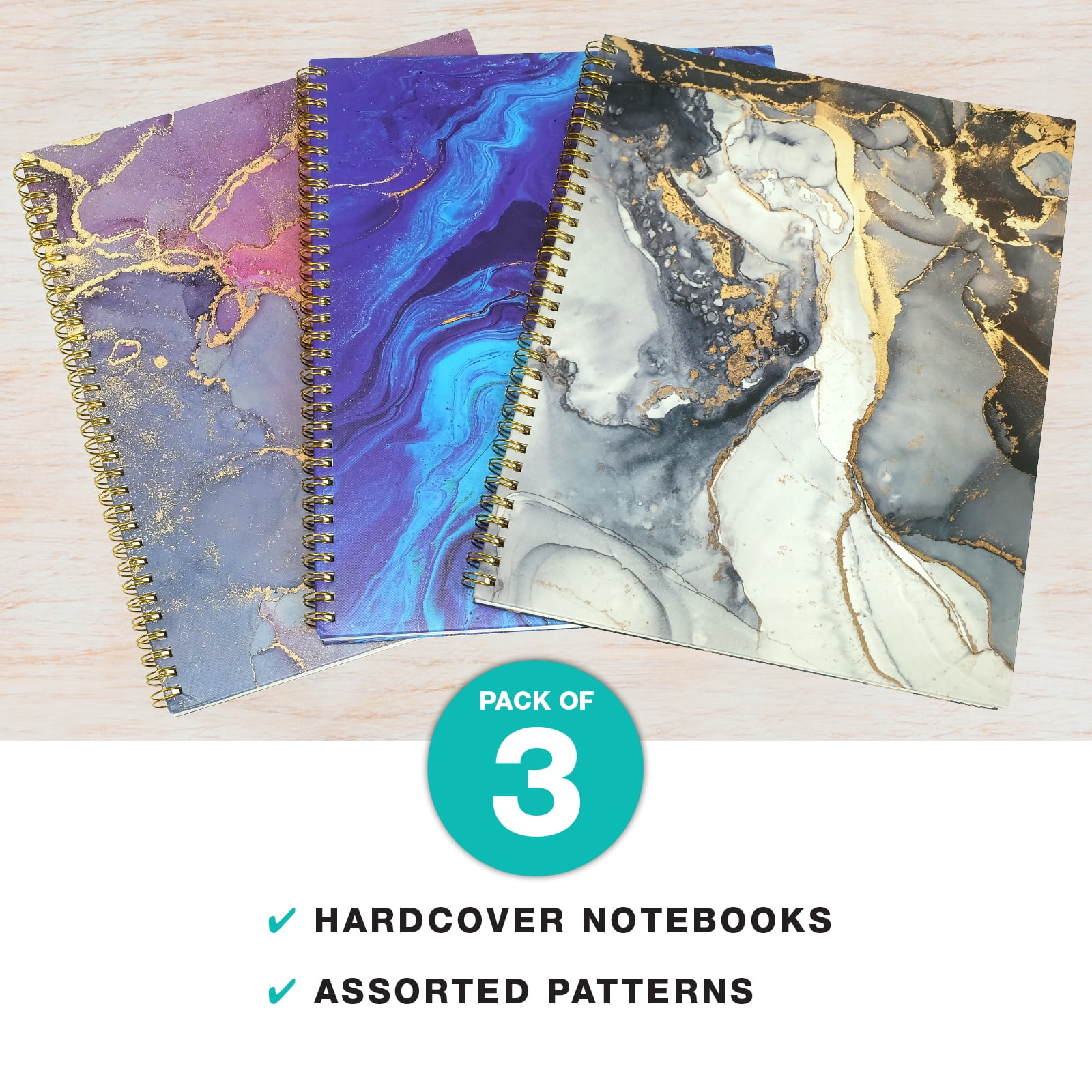 8.5x11" Fashion Spiral Notebook, 3-Pack, 120 Pages, College Ruled (Marble)