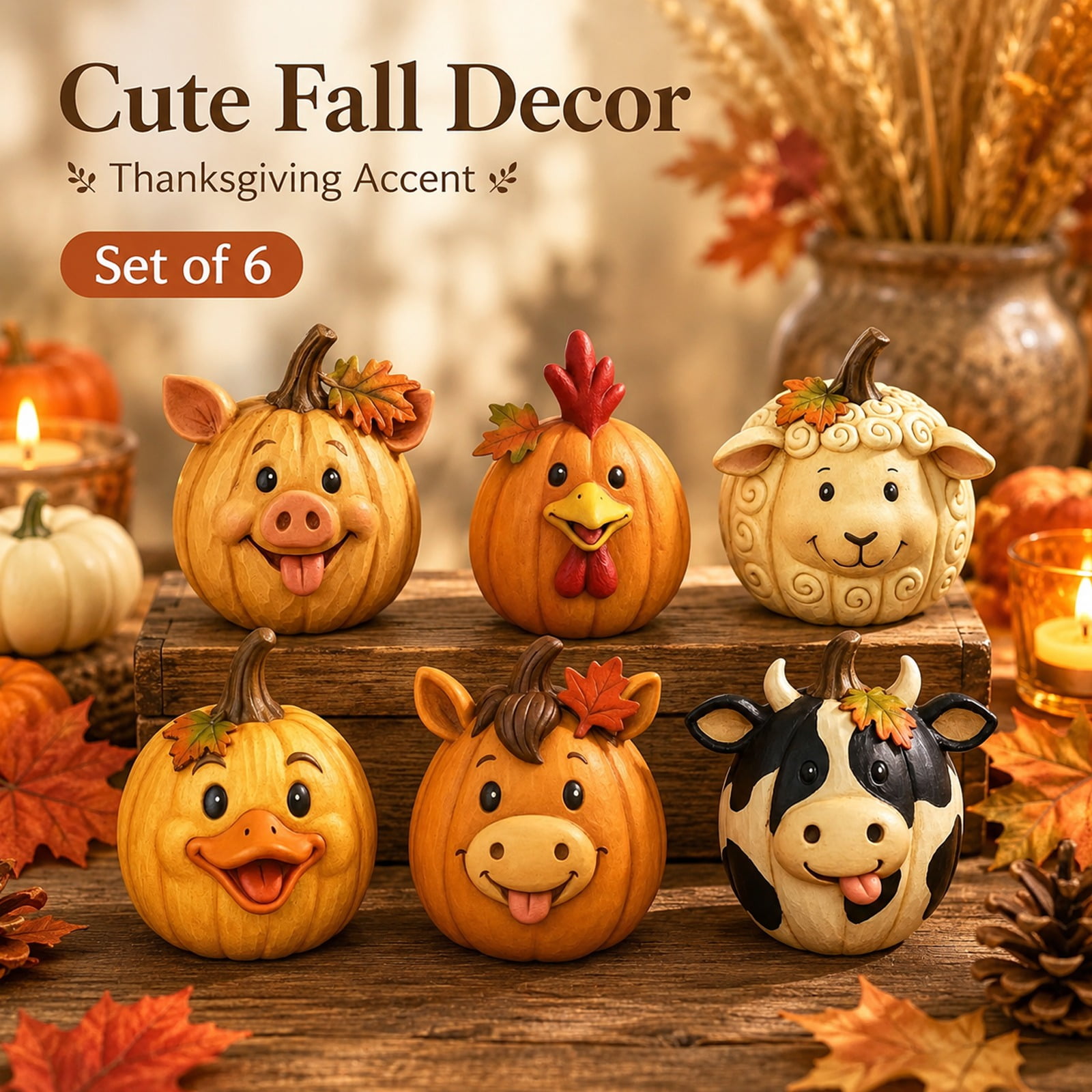 4.5" Farm Animal Pumpkin Decoration Resin Cow Duck Sheep Pig Chicken Horse Figurines for Fall Thanksgiving Halloween Desktop Shelf Farmhouse Decor (D)