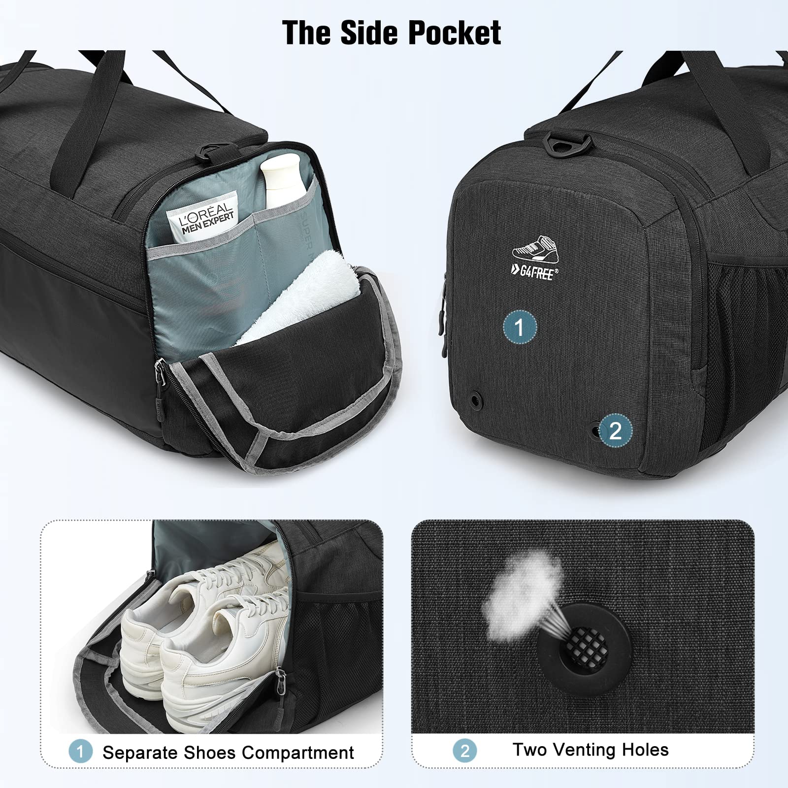 G4Free Sports Travel Duffel Bag 45L/60L with Shoe Compartment and Wet Pocket for Men and Women