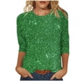 thumbnail image 2 of Elvqul Fashion Tops Women Comfy Green Tshirts Pullover Crew Neck Sequin Print Blouses 3/4 Sleeve Tops, 2 of 5