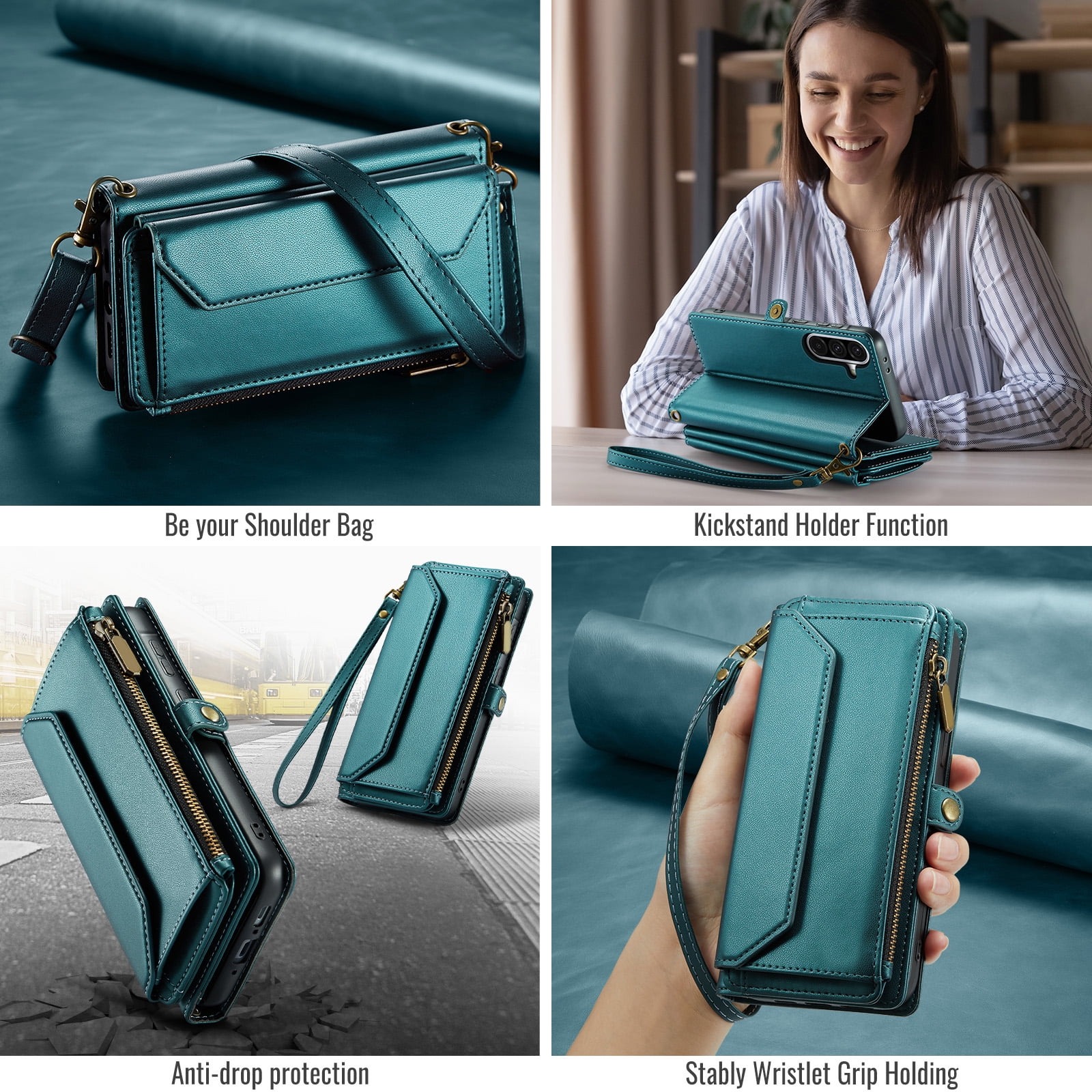 Asuwish Compatible with Samsung Galaxy A36 5G Zipper Wallet Phone Case Tempered Glass Screen Protector Crossbody Lanyard Strap Flip Card Holder Slot Cell Cover for A36 36A LTE SM-A366U Women Green