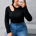 thumbnail image 3 of AURA Plus Size Black Knit Cutout Top Long Sleeve Round Neck Slim Fit Cropped 1XL 3XL, 3 of 6