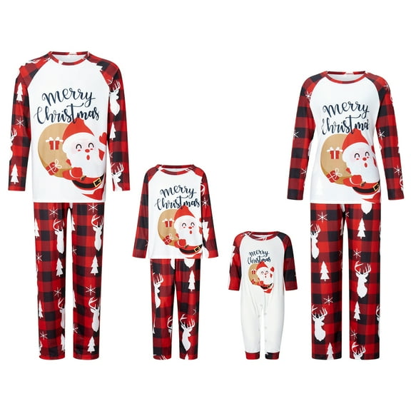 Elippeo Family Matching Christmas Pajamas, Baby Romper/Letter Santa Print Tops and Elk Christmas Tree Print Plaid Pants Sleepwear Set