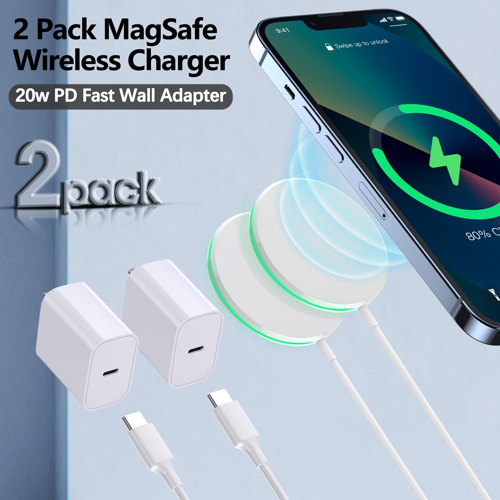 2 Pack 15W Magnetic Wireless Charger Mag-Safe Compatible with iPhone 17-12 Series & AirPods, 20W Adapter 5ft Cable Wireless Charging Pad